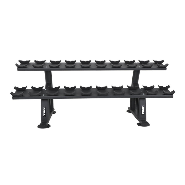 Front view of TKO commercial dumbbell rack with dual storage tiers
