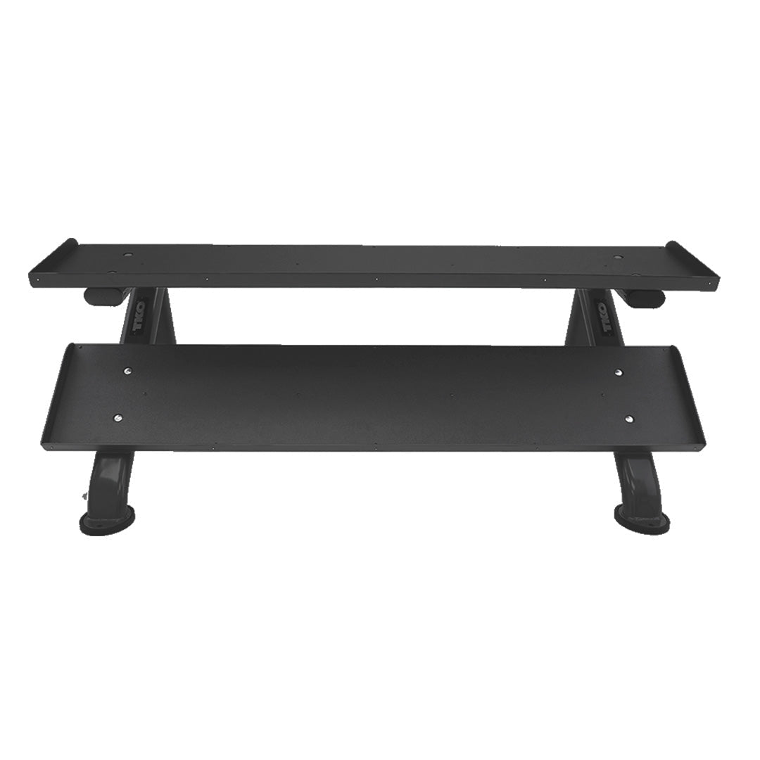 Front view of commercial 2-tier dumbbell storage rack