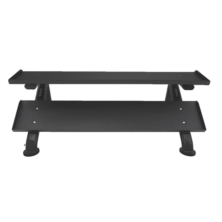 Front view of commercial 2-tier dumbbell storage rack