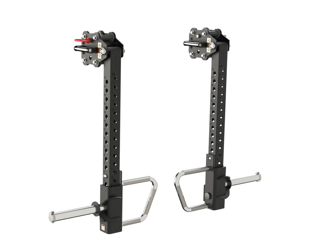 Front view of adjustable Defiant Strength jammer arms for rack training.