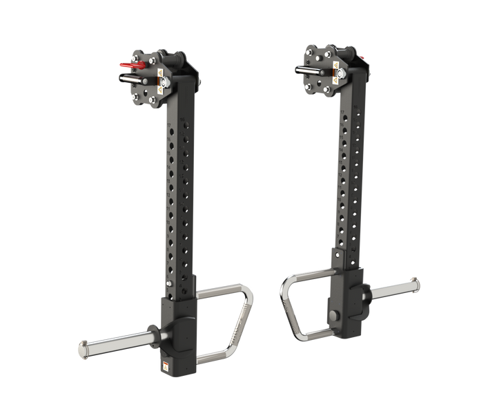Front view of adjustable Defiant Strength jammer arms for rack training.