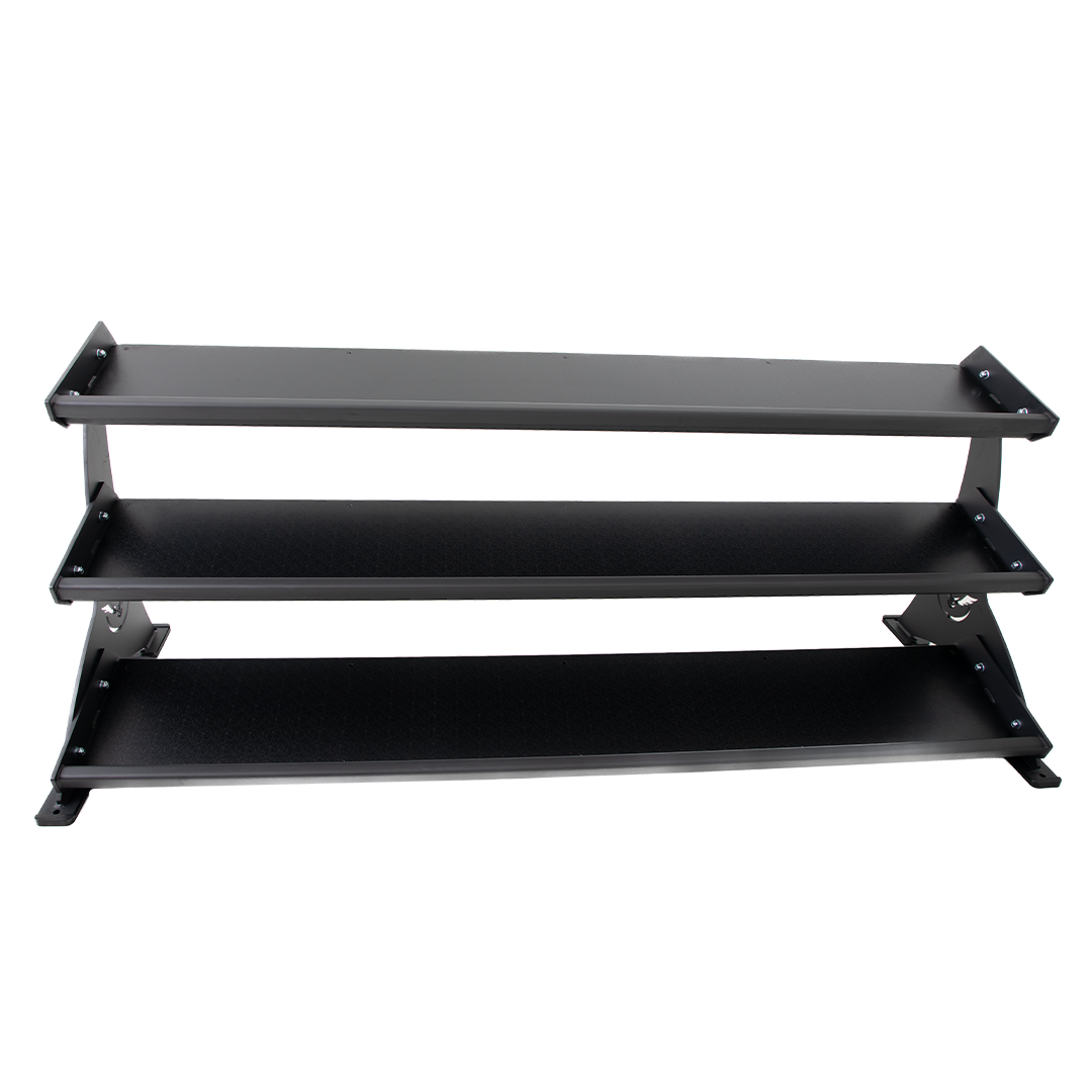 Front view of the Defiant Strength 3 tier adjustable tray storage rack.