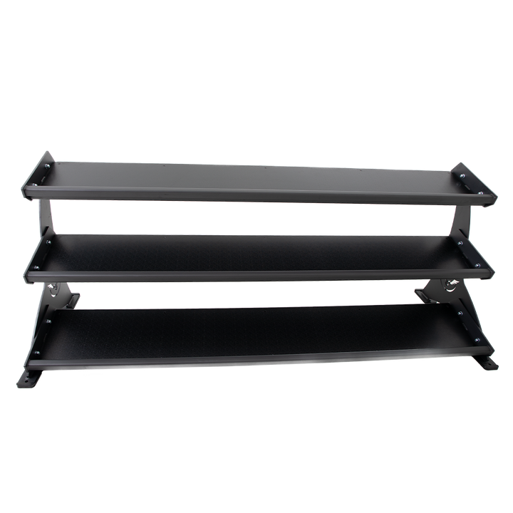 Front view of the Defiant Strength 3 tier adjustable tray storage rack.