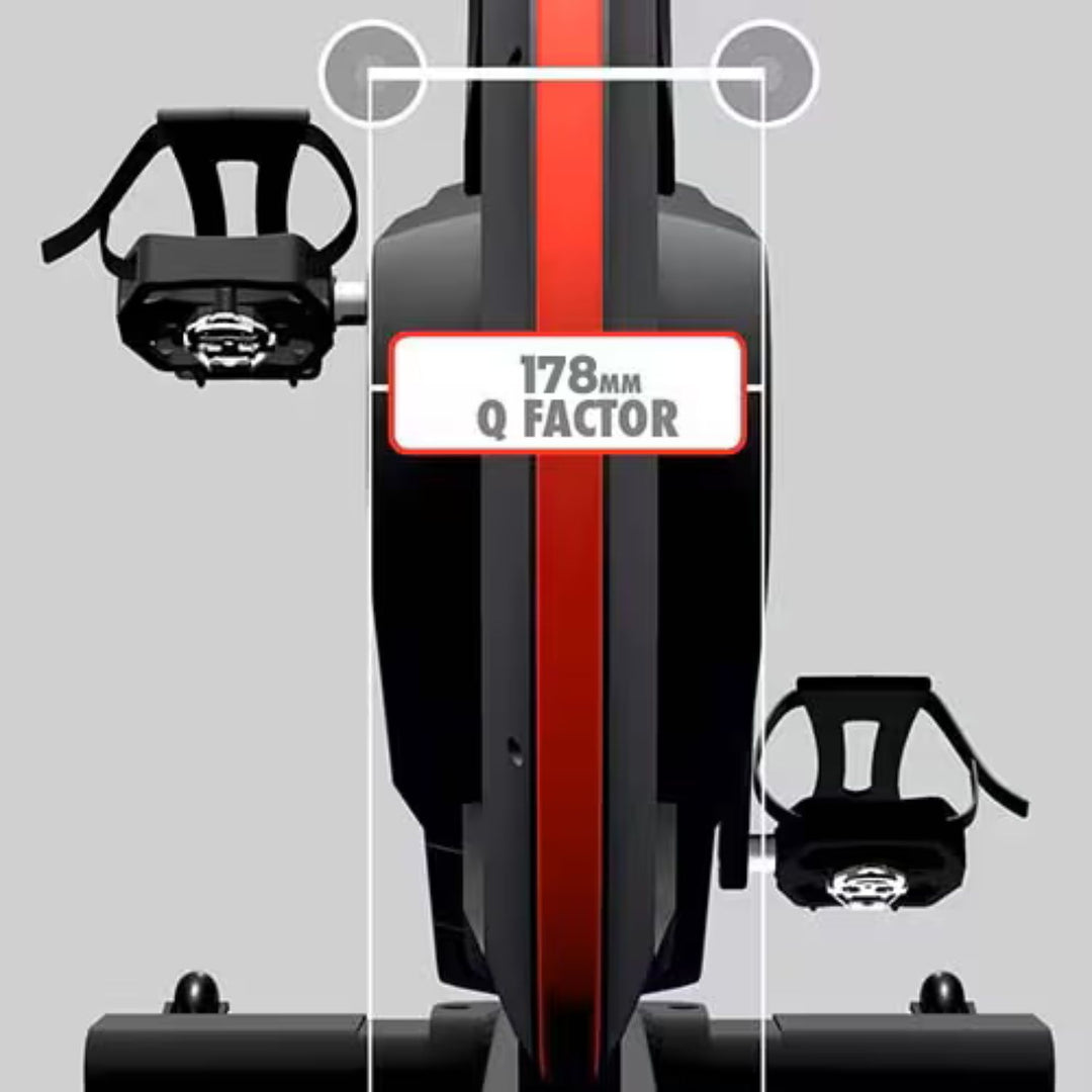 Front view of IC3 indoor cycle showing 178 mm Q factor and pedal spacing