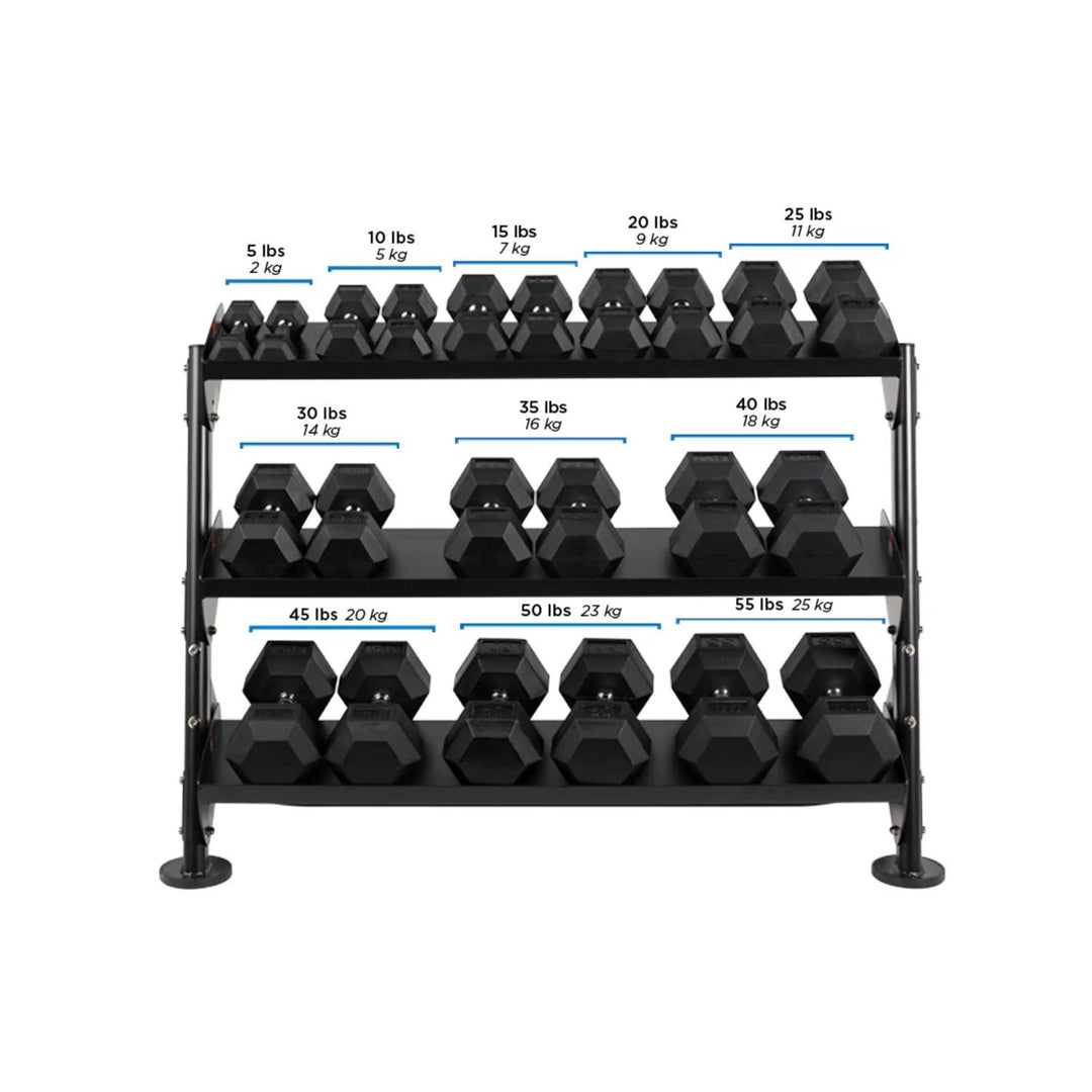 multi tier dumbbell rack fully loaded with weights for commercial gym use