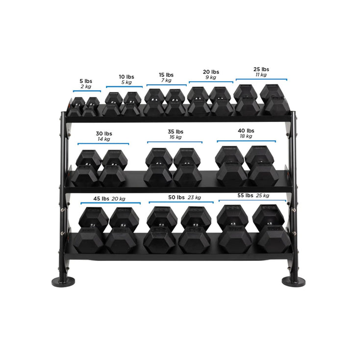 multi tier dumbbell rack fully loaded with weights for commercial gym use