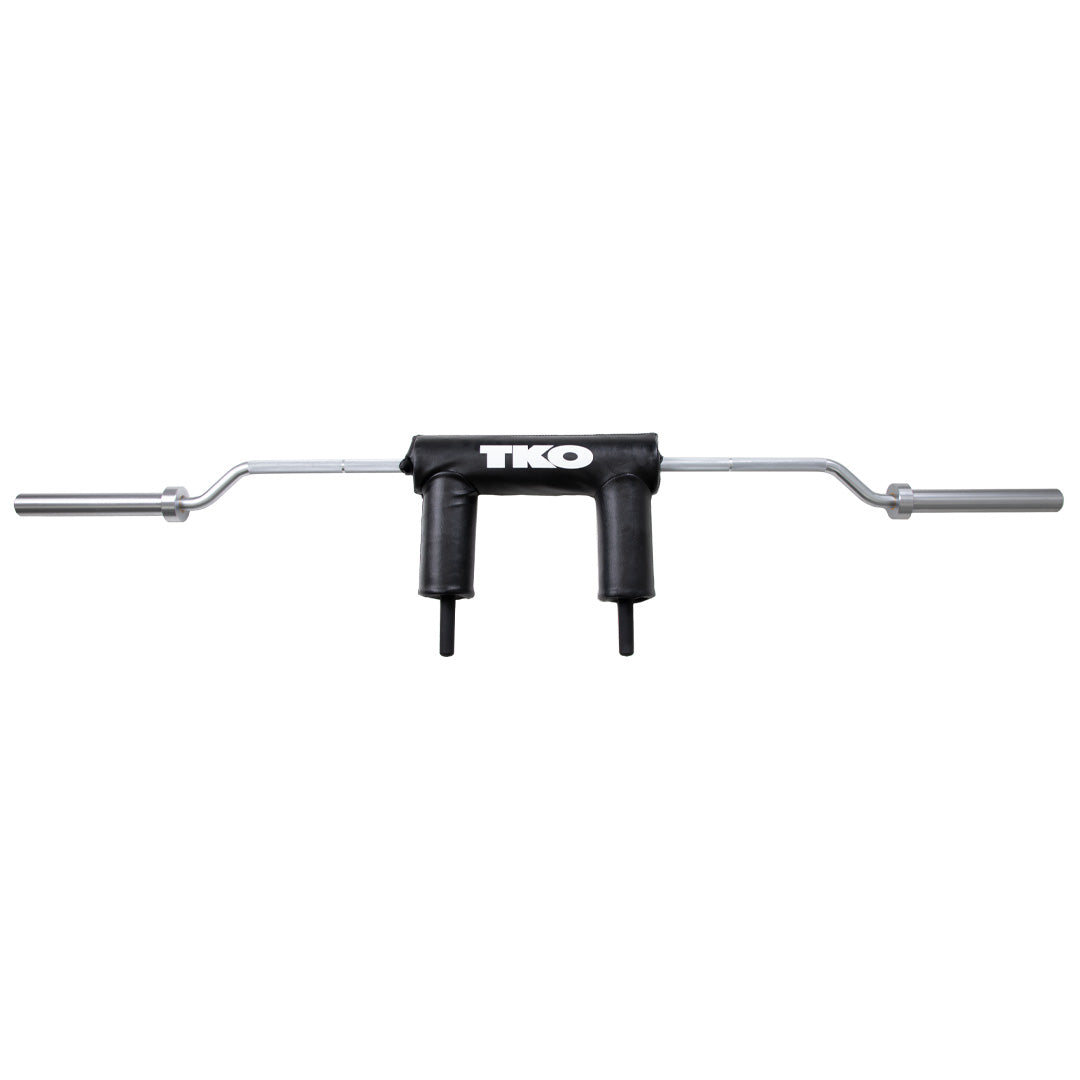 Full-length Olympic safety squat bar with cambered shaft and handle pads