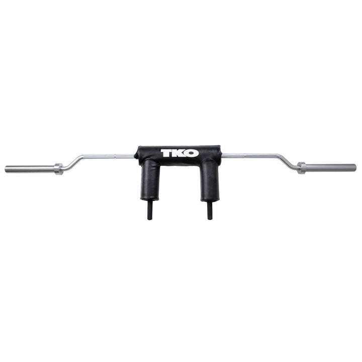 Full-length Olympic safety squat bar with cambered shaft and handle pads