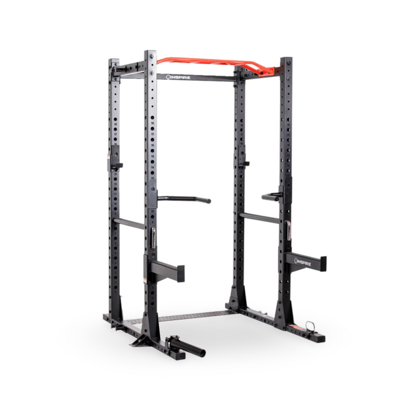 full power cage with pull-up bar, safety arms, and barbell supports for squats, presses, and strength training