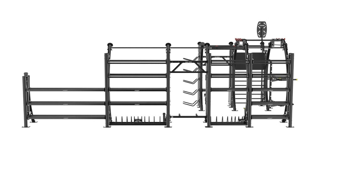 overhead-style perspective of Hoist Seven Element Functional Bridge with open workout access and modular commercial gym design