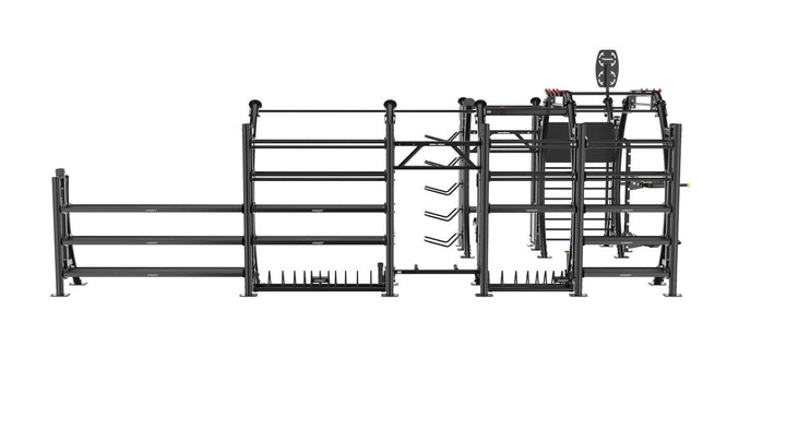overhead-style perspective of Hoist Seven Element Functional Bridge with open workout access and modular commercial gym design