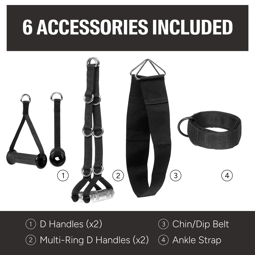 set of functional trainer accessories including D handles, multi-ring handles, chin dip belt, and ankle strap for versatile strength training exercises