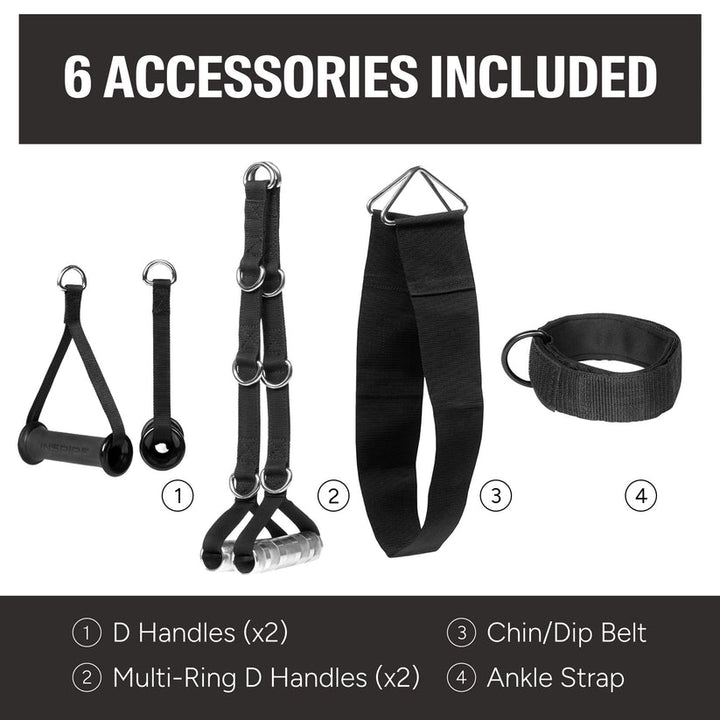 set of functional trainer accessories including D handles, multi-ring handles, chin dip belt, and ankle strap for versatile strength training exercises