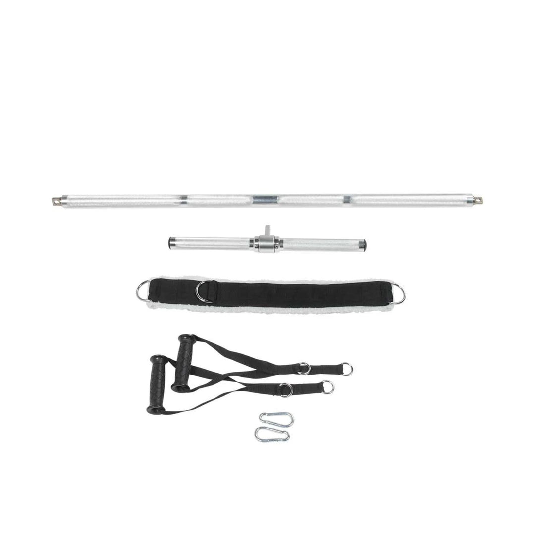 cable machine attachments including straight bar, handles, and straps for functional trainer workouts