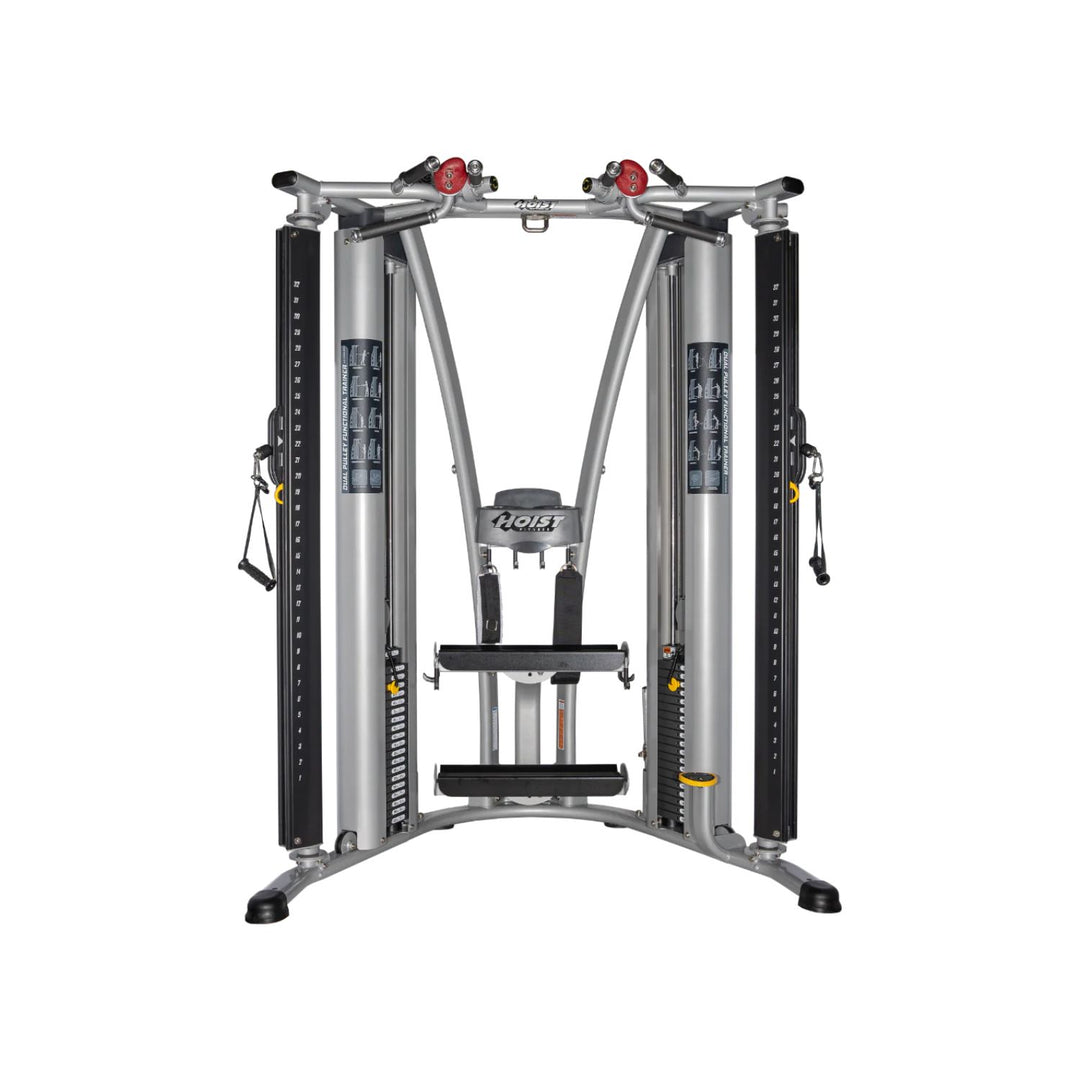 front view of dual pulley functional trainer with adjustable cable columns and weight stacks