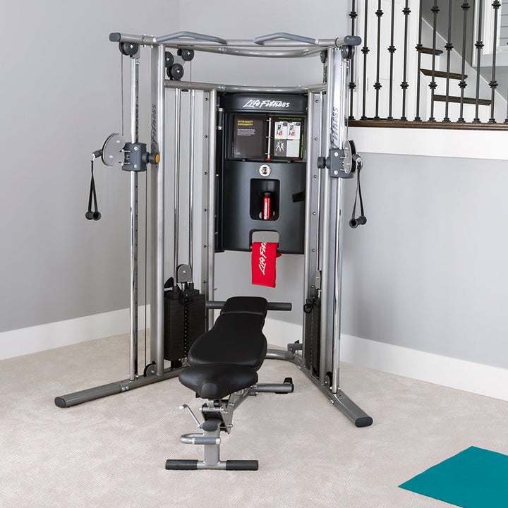 Life Fitness G7 home gym front view with adjustable bench and dual pulley system for full-body workouts