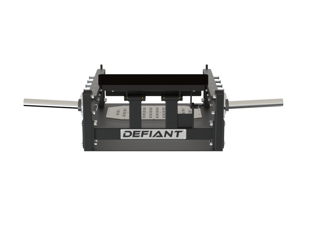 Front view of the Defiant Strength glute bridge bench with integrated weight horns.