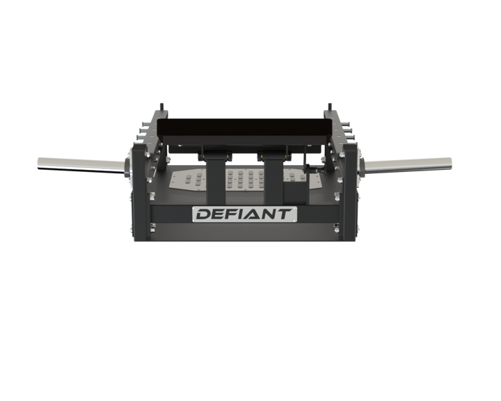 Front view of the Defiant Strength glute bridge bench with integrated weight horns.