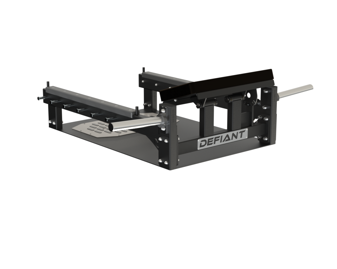 Rear view of the Defiant Strength glute bridge bench showing the frame and storage horns.