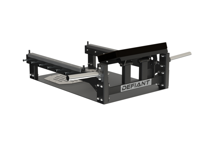 Rear view of the Defiant Strength glute bridge bench showing the frame and storage horns.
