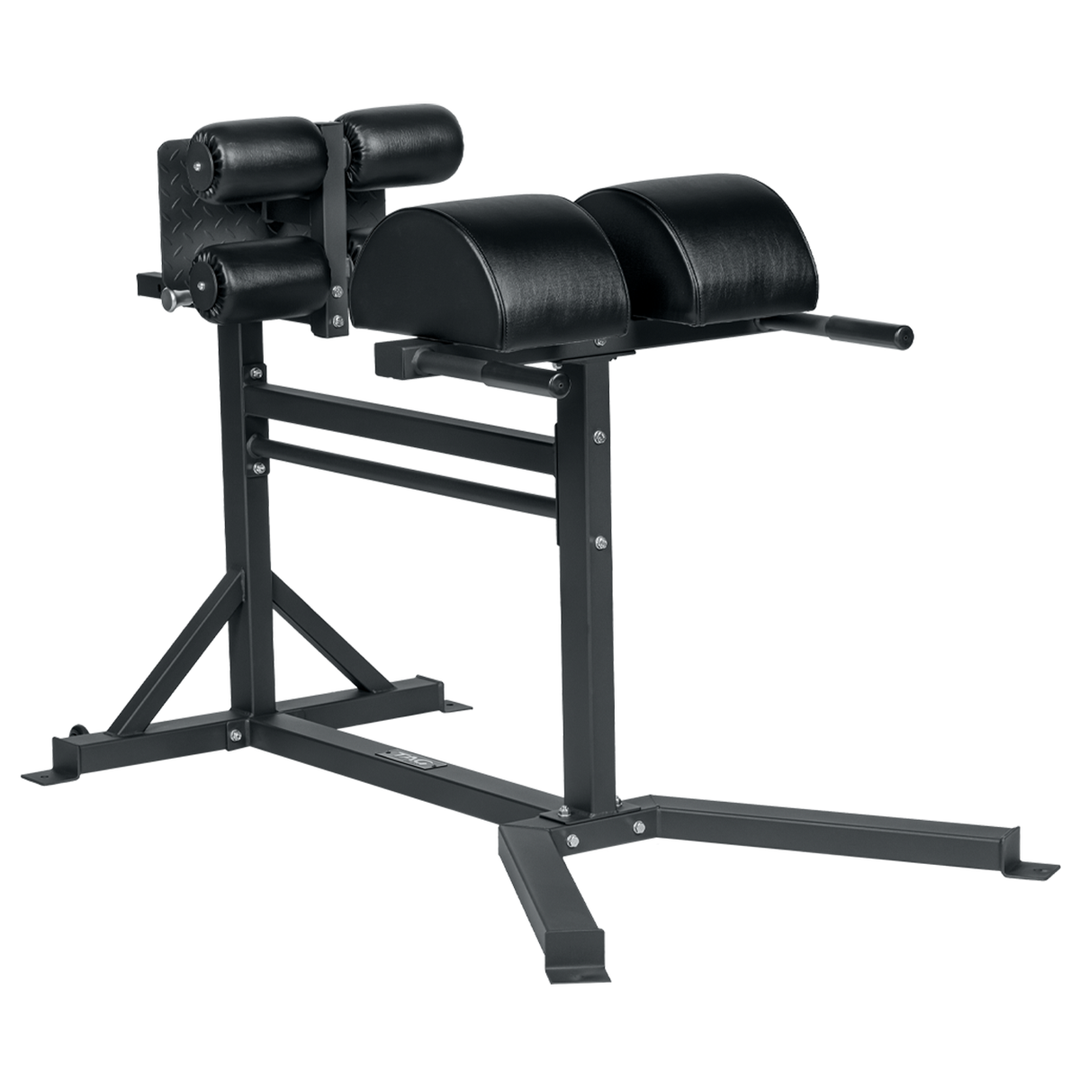 Black adjustable power bench with oversized padded supports, steel frame and transport wheels