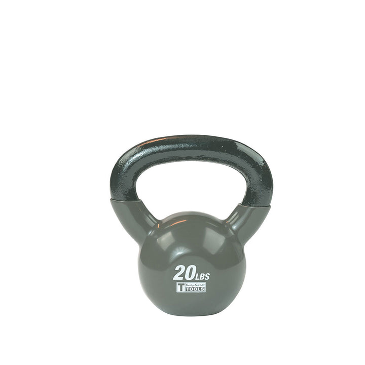 Gray 20 lb kettlebell with black handle