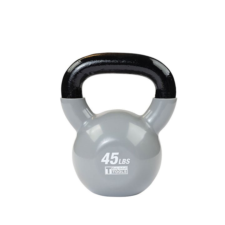Gray 45 lb kettlebell with black handle