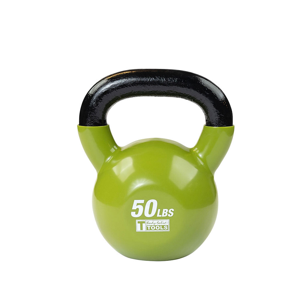 Green 50 lb kettlebell with black handle