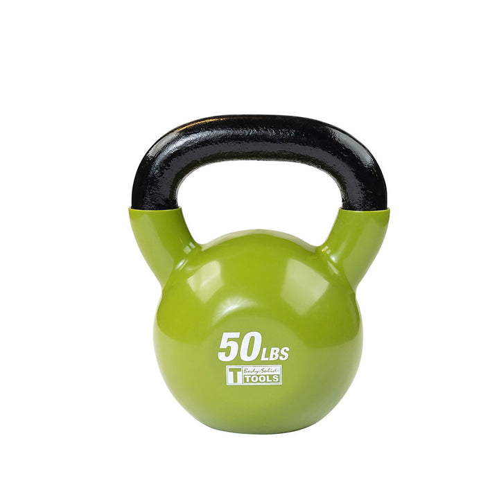 Green 50 lb kettlebell with black handle
