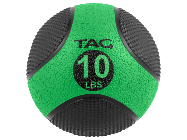 Green and black size 10 medicine ball with textured grip surface