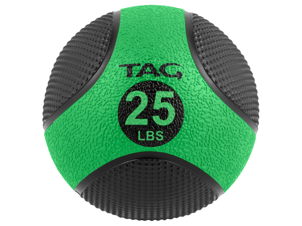 Green and black size 25 medicine ball with textured grip surface