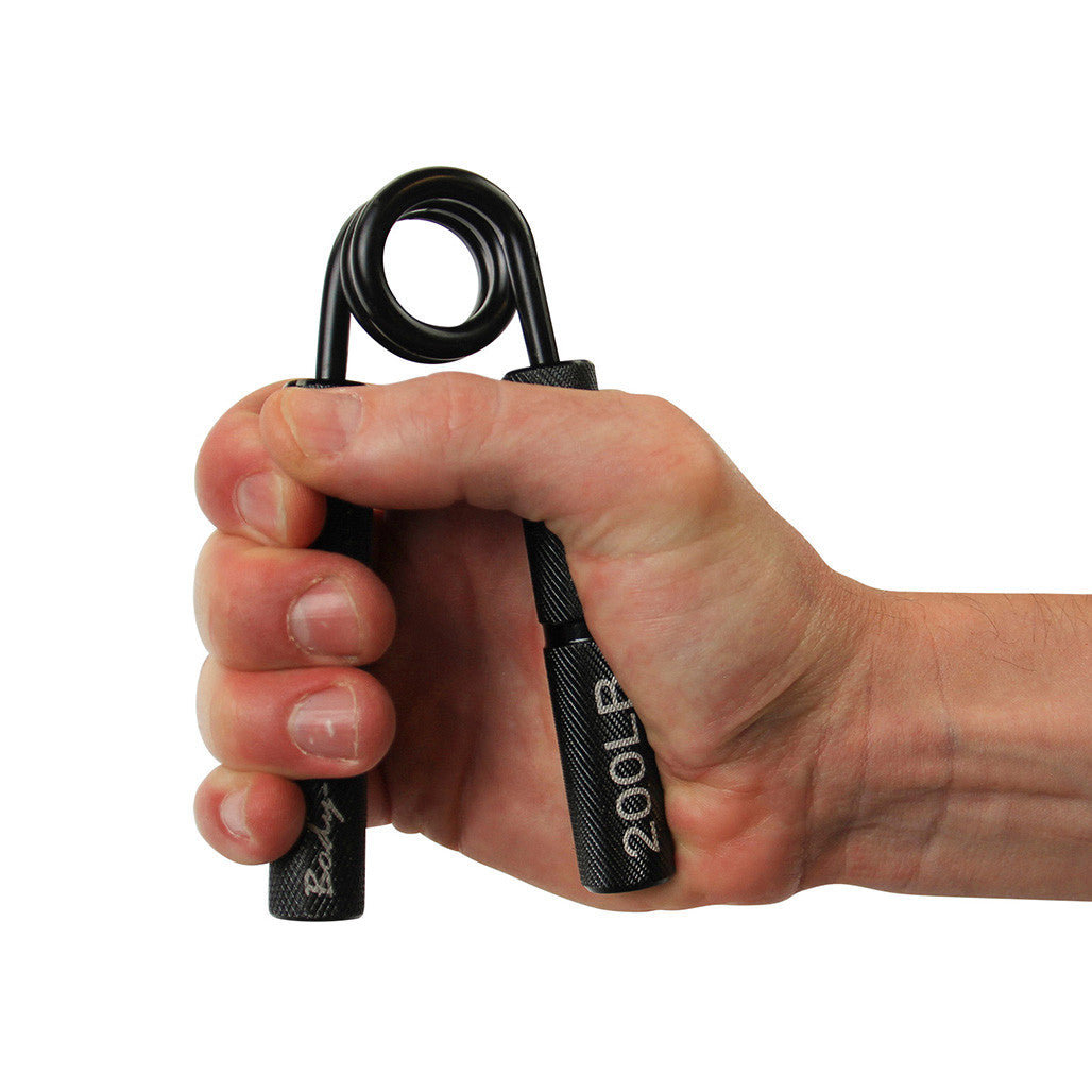 Hand using a Body-Solid aluminum grip trainer with knurled handles.