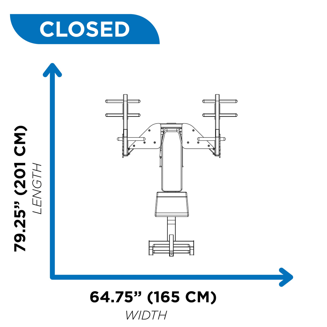 diagram showing HOIST 3-way Olympic bench dimensions in closed position with 79.25 inch length and 64.75 inch width