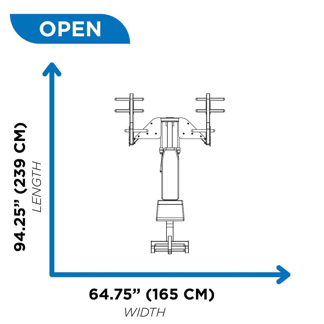 diagram showing HOIST 3-way Olympic bench dimensions in open position with 94.25 inch length and 64.75 inch width