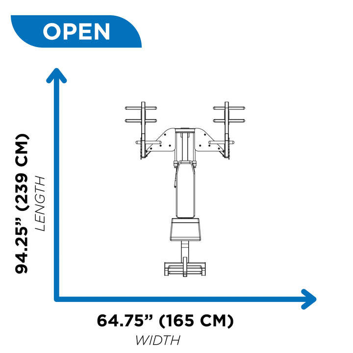 diagram showing HOIST 3-way Olympic bench dimensions in open position with 94.25 inch length and 64.75 inch width