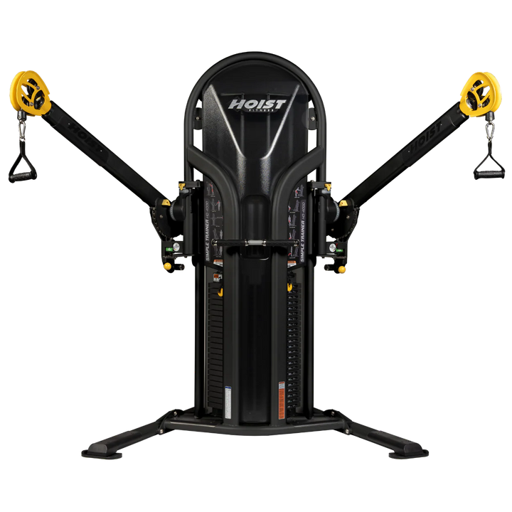 HOIST dual pulley functional trainer with adjustable cable arms and weight stacks for full body workouts in gym or home setting