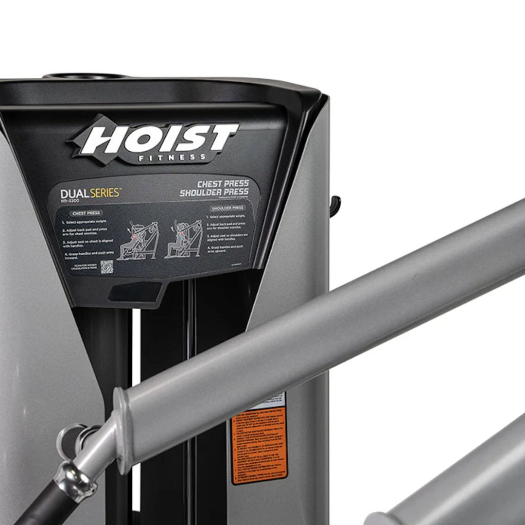 close up of HOIST branding and frame structure on chest and shoulder press machine