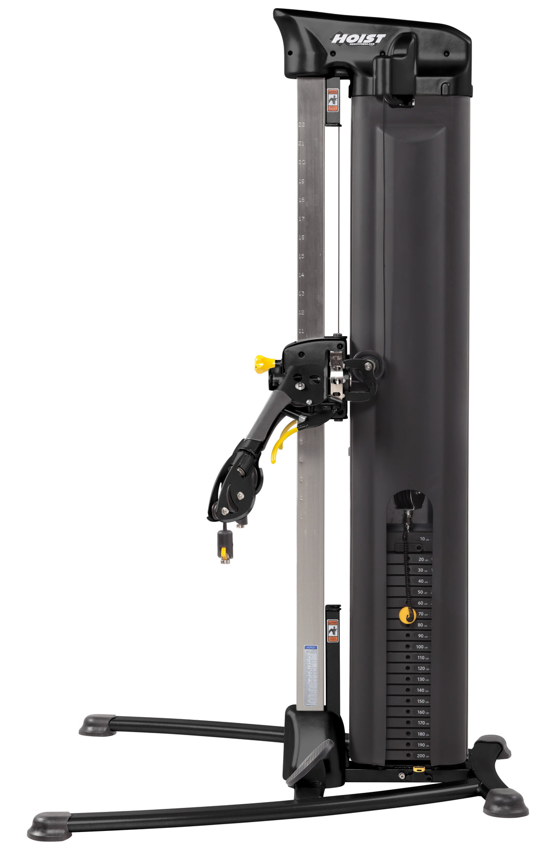 HOIST Mi5 functional trainer side view showing compact frame and adjustable pulley for home gym workouts