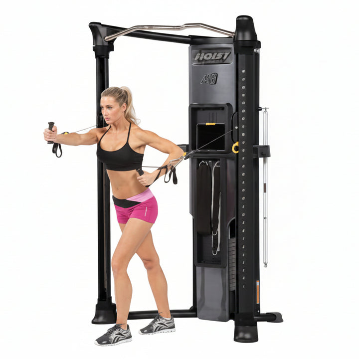 HOIST Mi6 functional trainer chest fly exercise using dual cables for upper body strength and muscle training
