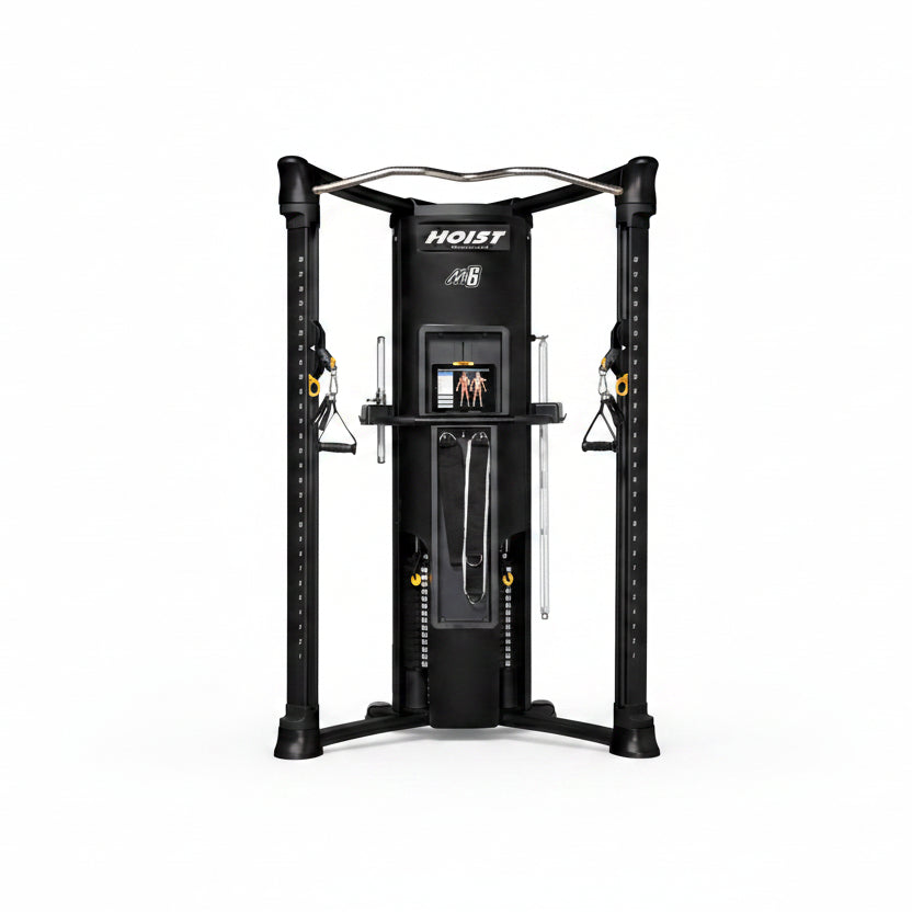 HOIST Mi6 functional trainer angled view showing dual cable columns and compact design for home gym workouts