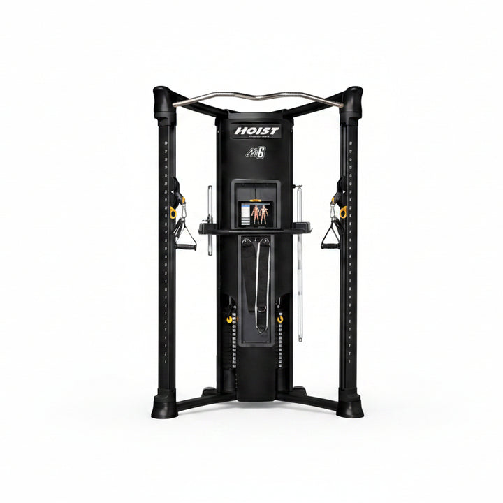 HOIST Mi6 functional trainer angled view showing dual cable columns and compact design for home gym workouts