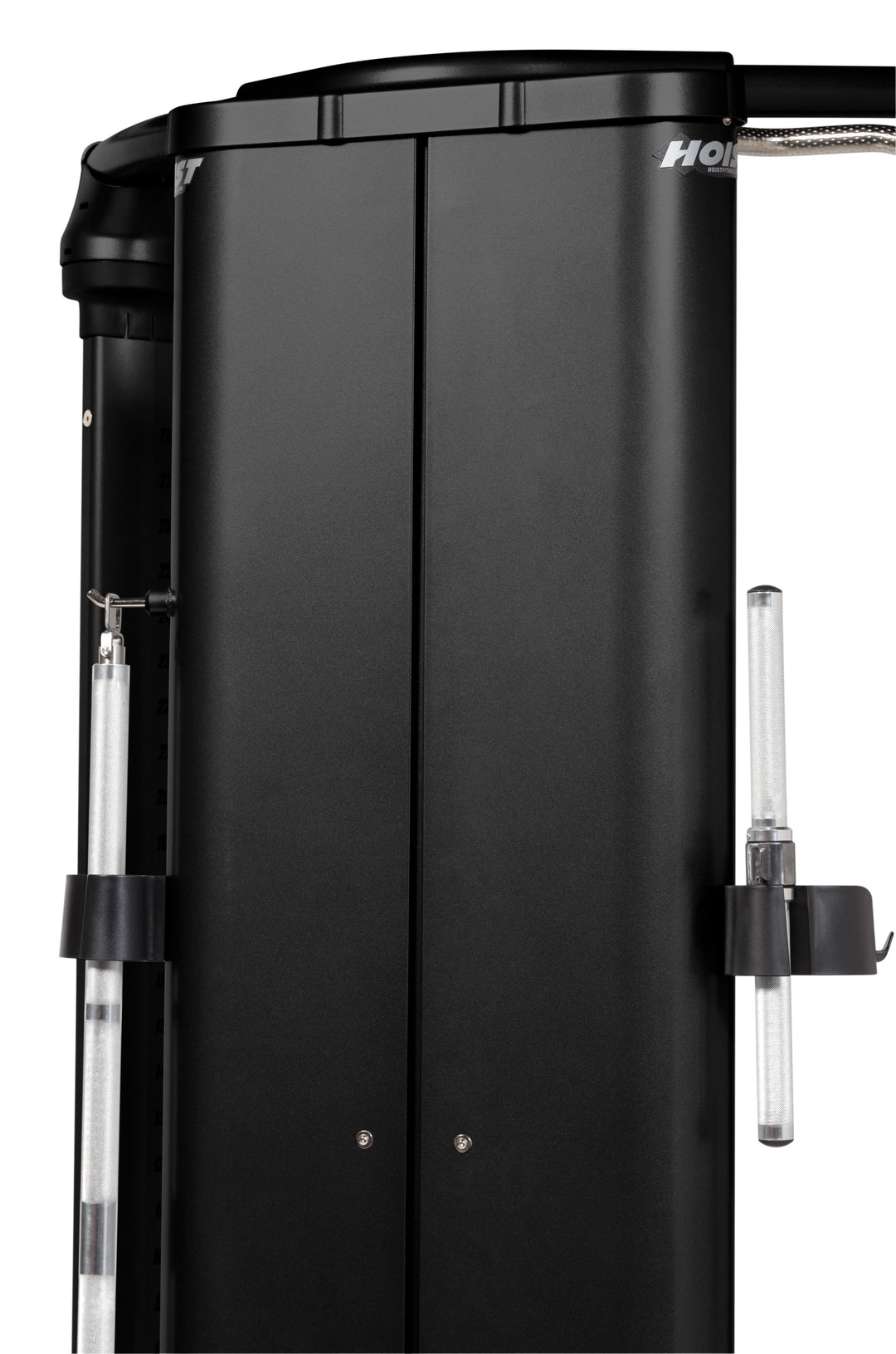 HOIST Mi6 functional trainer rear panel design showing enclosed weight stacks for safe and clean gym setup