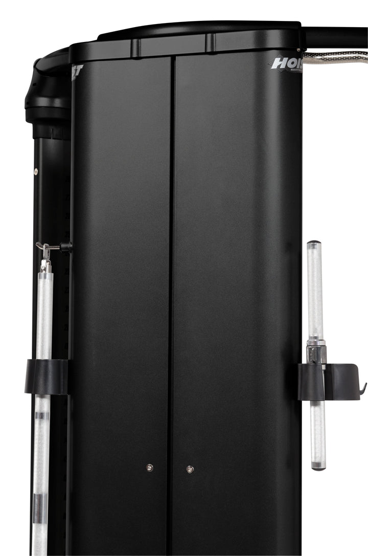 HOIST Mi6 functional trainer rear panel design showing enclosed weight stacks for safe and clean gym setup