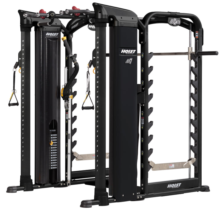 HOIST Mi7Smith functional training system rear angle highlighting frame structure and cable system for training