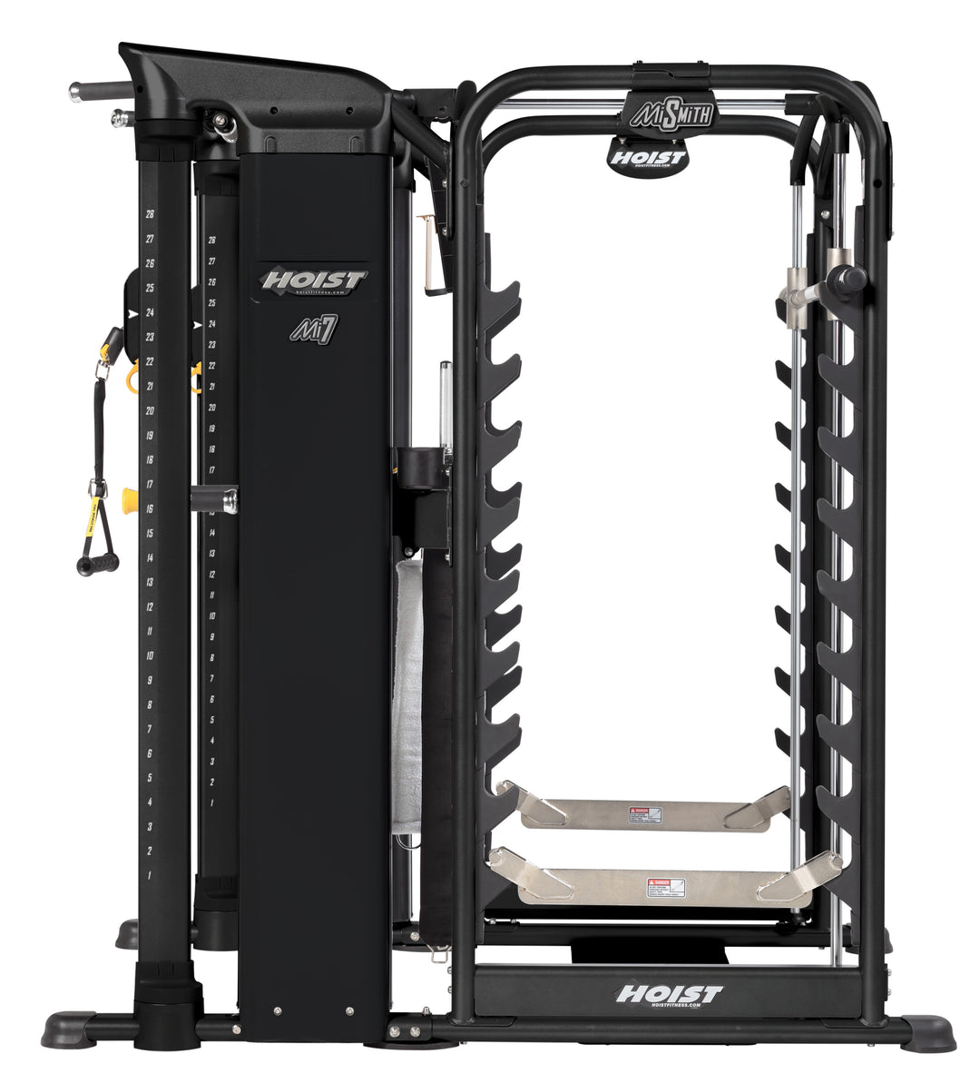 HOIST Mi7Smith functional training system side view showing integrated Smith machine and dual stack design