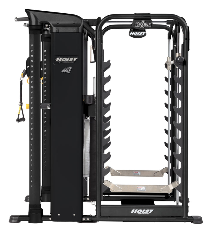 HOIST Mi7Smith functional training system side view showing integrated Smith machine and dual stack design