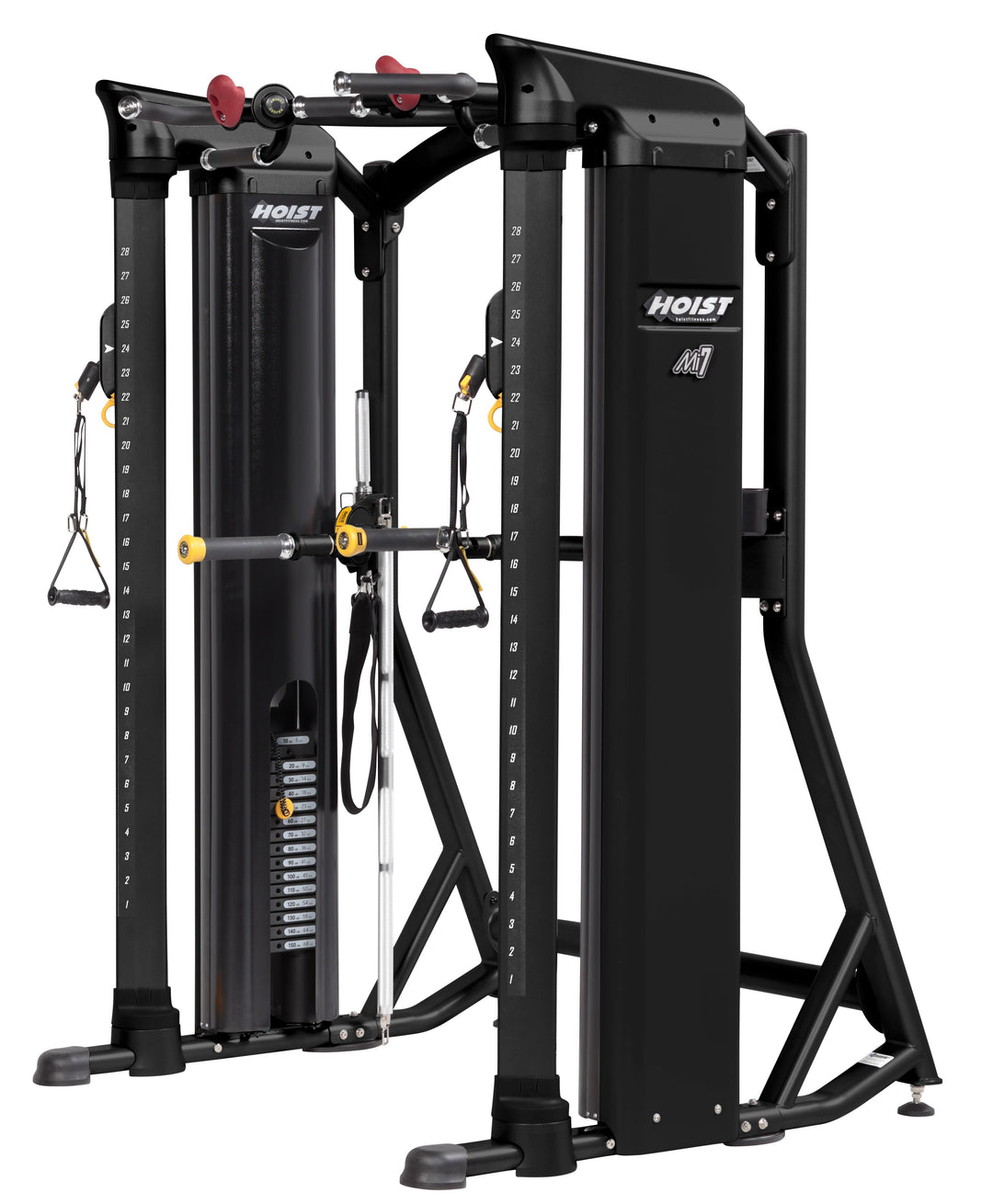 HOIST Mi7 functional trainer rear angle showing dual weight stacks and cable system for advanced strength workouts