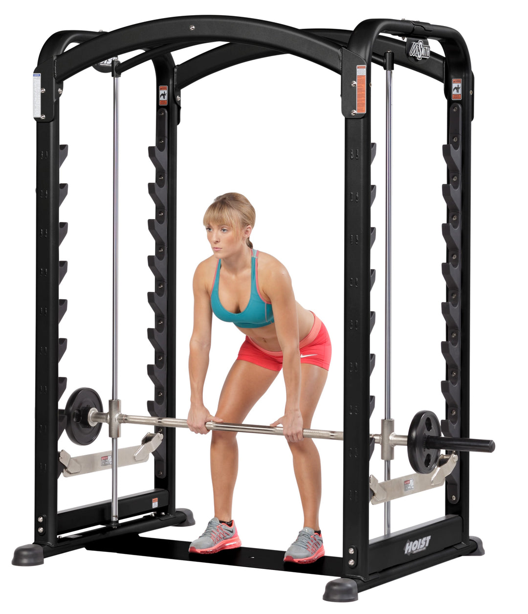 HOIST MiSmith dual action Smith machine front view showing vertical frame and guided bar system for workouts