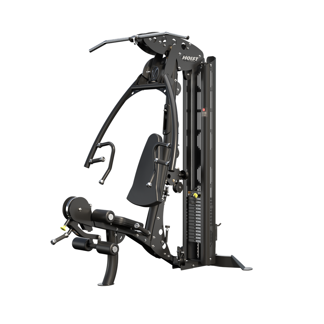 HOIST V1 Elite home gym angled view showing multi station design for versatile upper and lower body training
