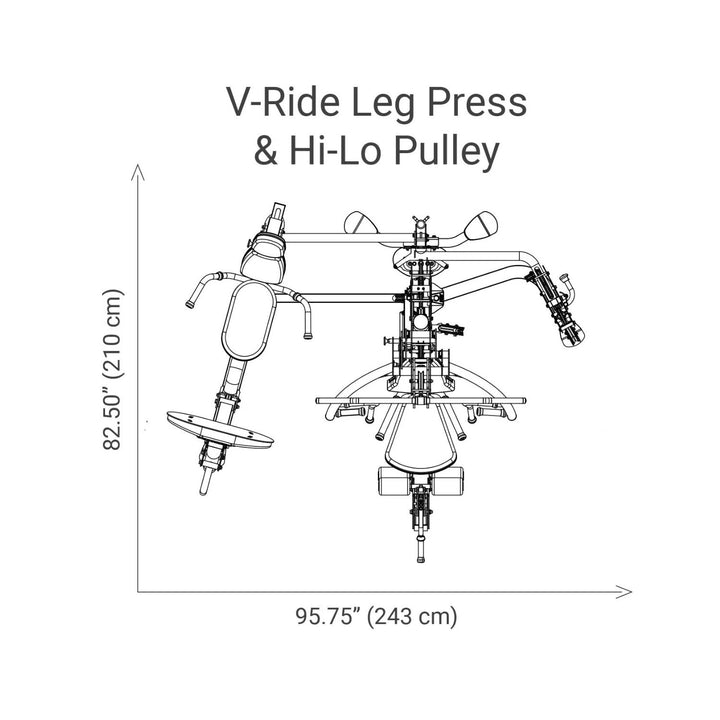 HOIST V1 Elite home gym dimensions showing full system layout with leg press and pulley for space planning